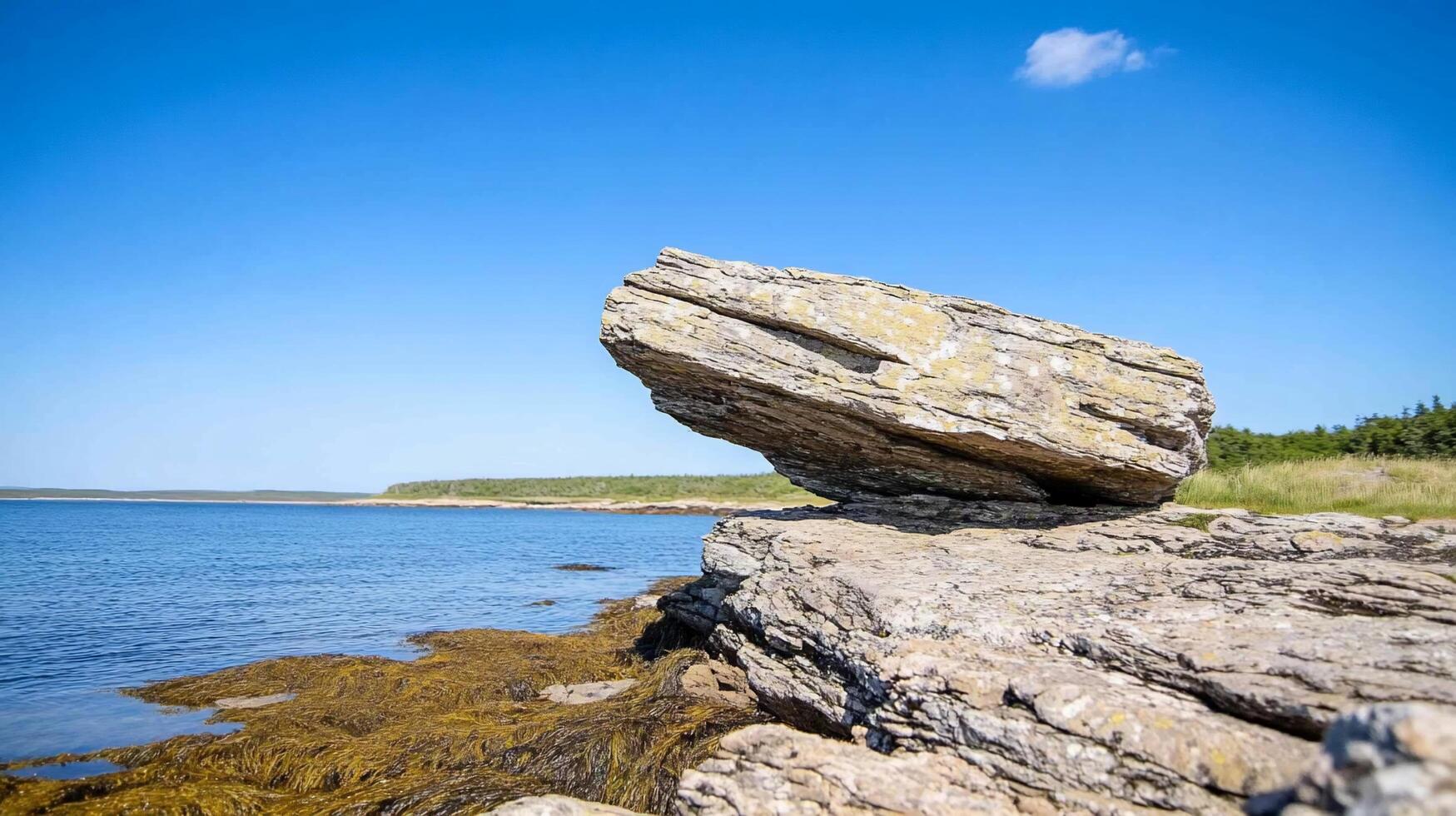 A large rock balanced on smaller rocks by a calm water body. photo