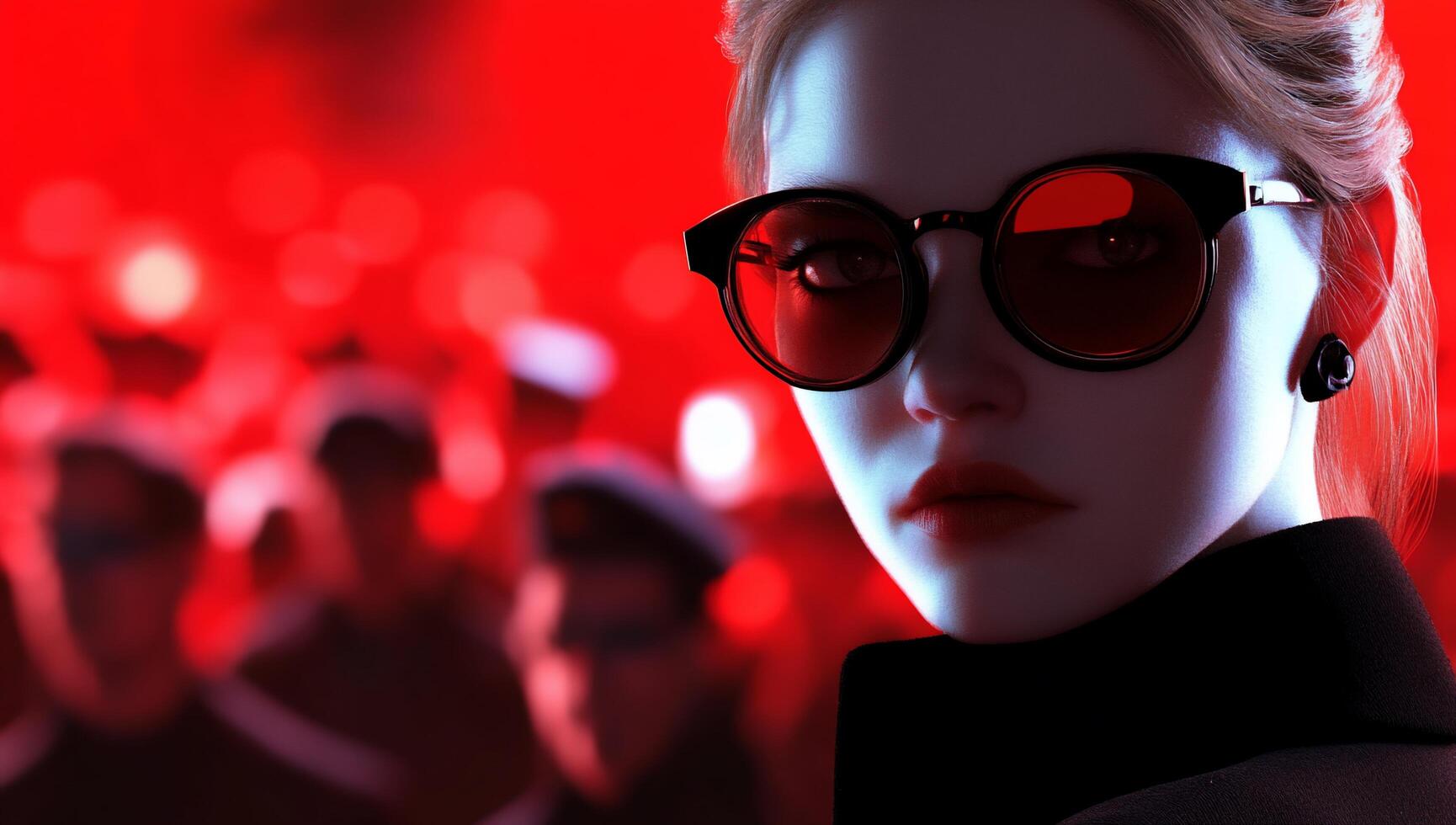 A stylish figure in sunglasses stands against a vibrant red backdrop. photo