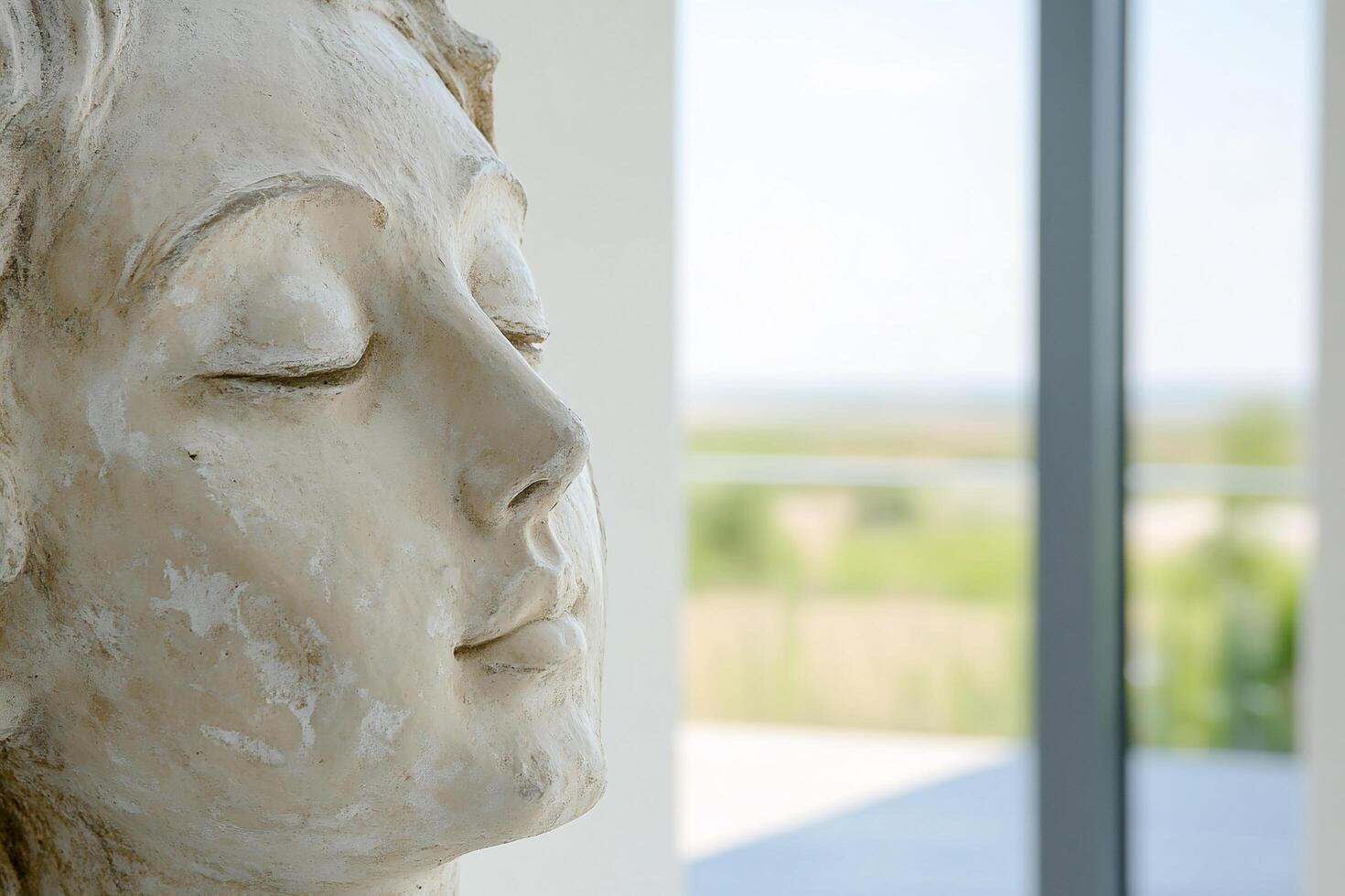 A serene sculpture with a tranquil expression, set against a natural backdrop. photo