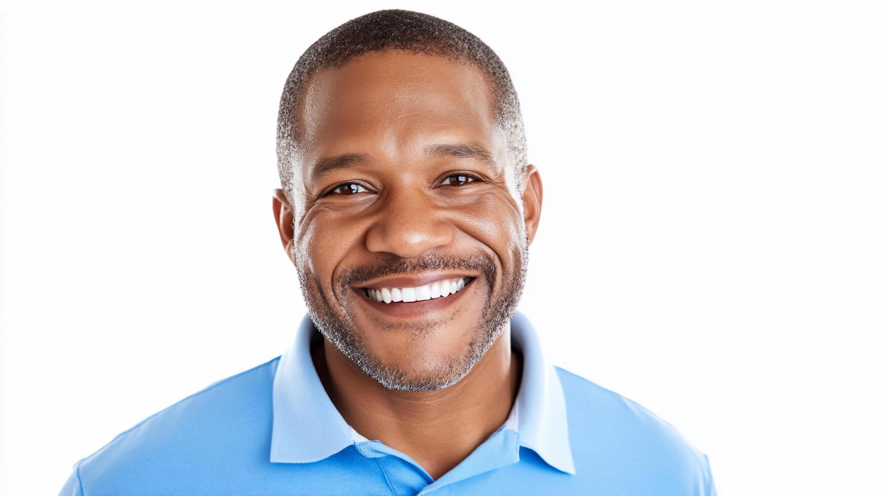 Smiling man in a light blue shirt against a white background. photo