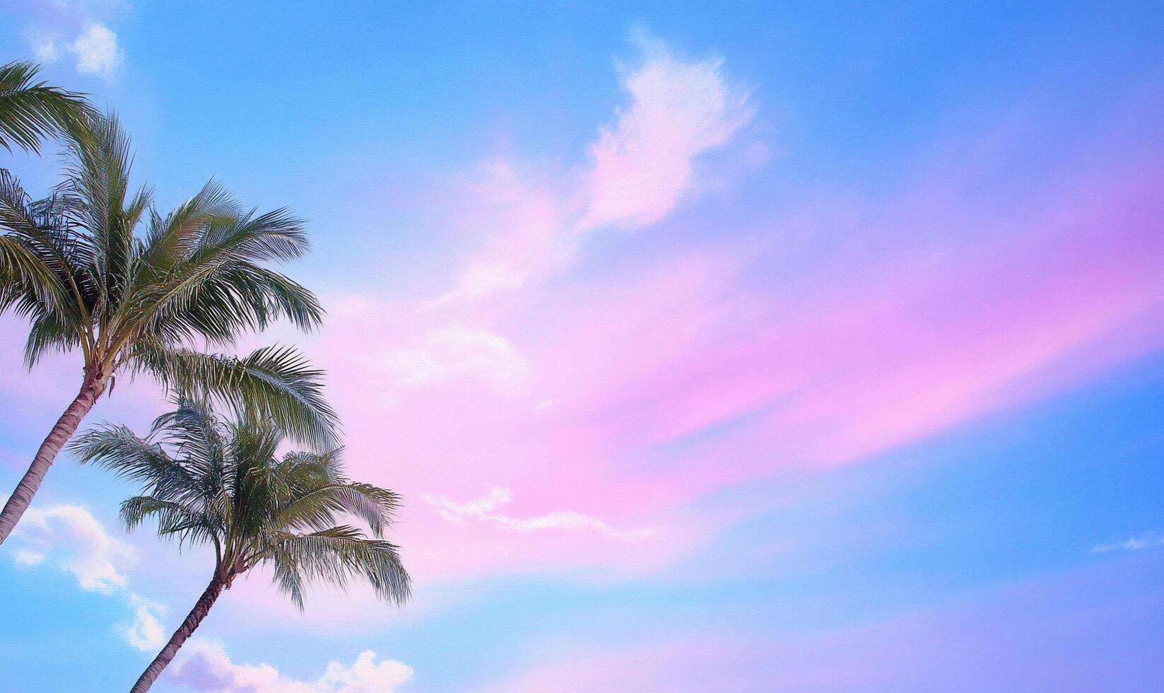 A serene sunset sky with palm trees creating a tranquil atmosphere. photo