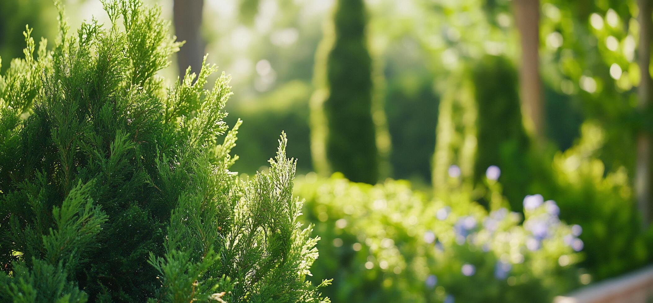 Lush greenery in a serene garden setting with soft sunlight. photo
