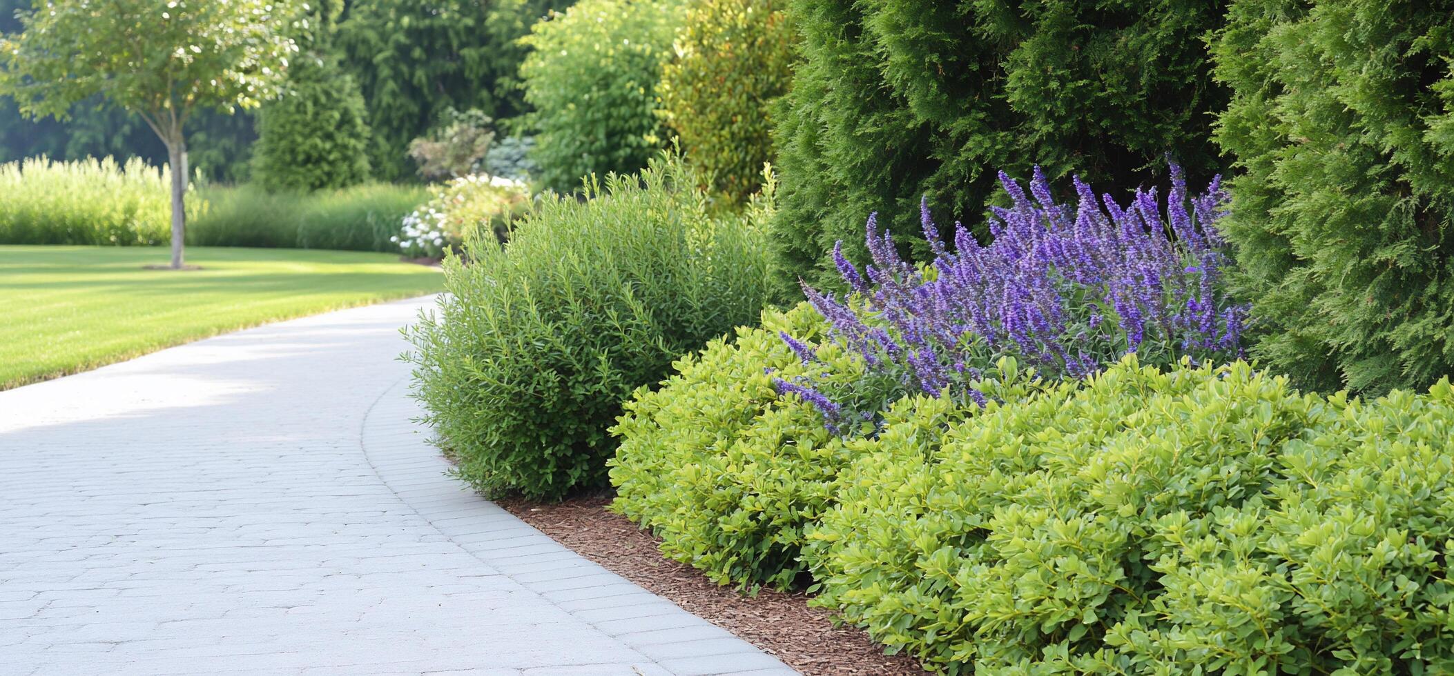 A serene garden pathway lined with vibrant purple flowers and lush greenery. photo