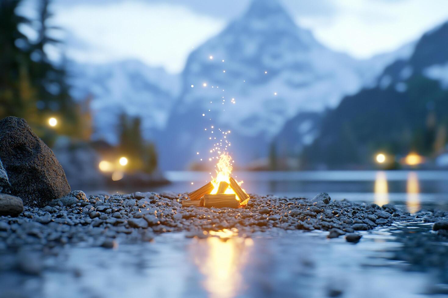 A serene lakeside campfire with mountains in the background. photo