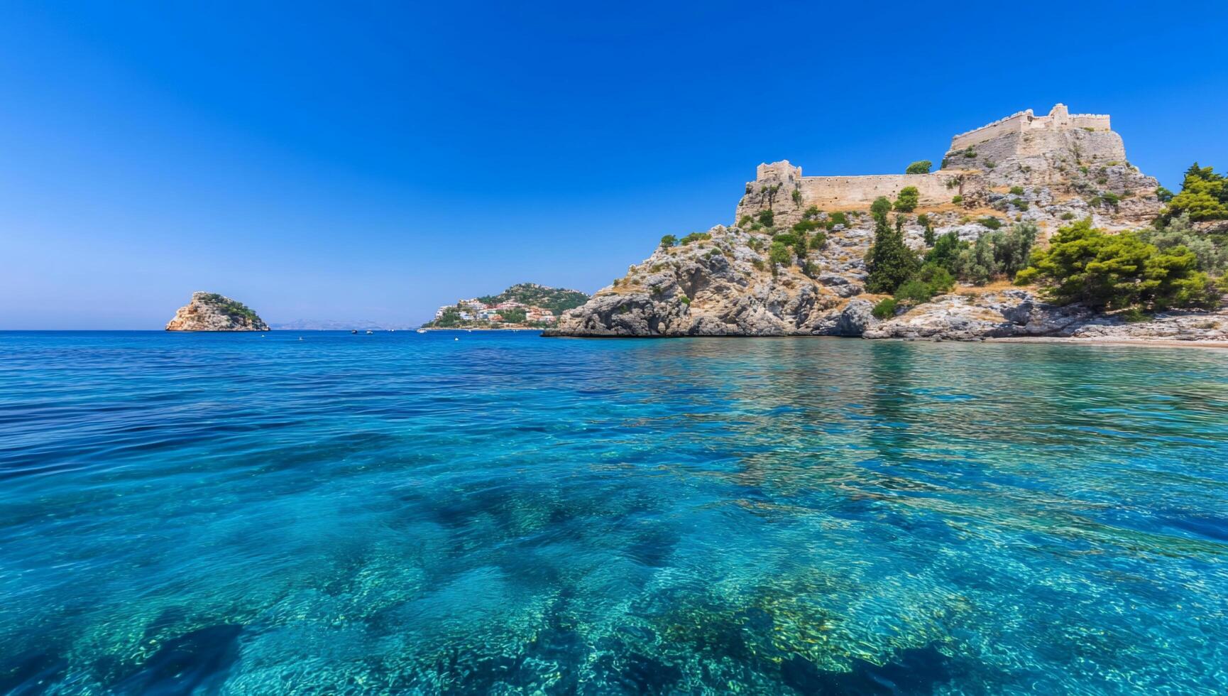 Serene coastal view with clear water and a historic fortress. photo