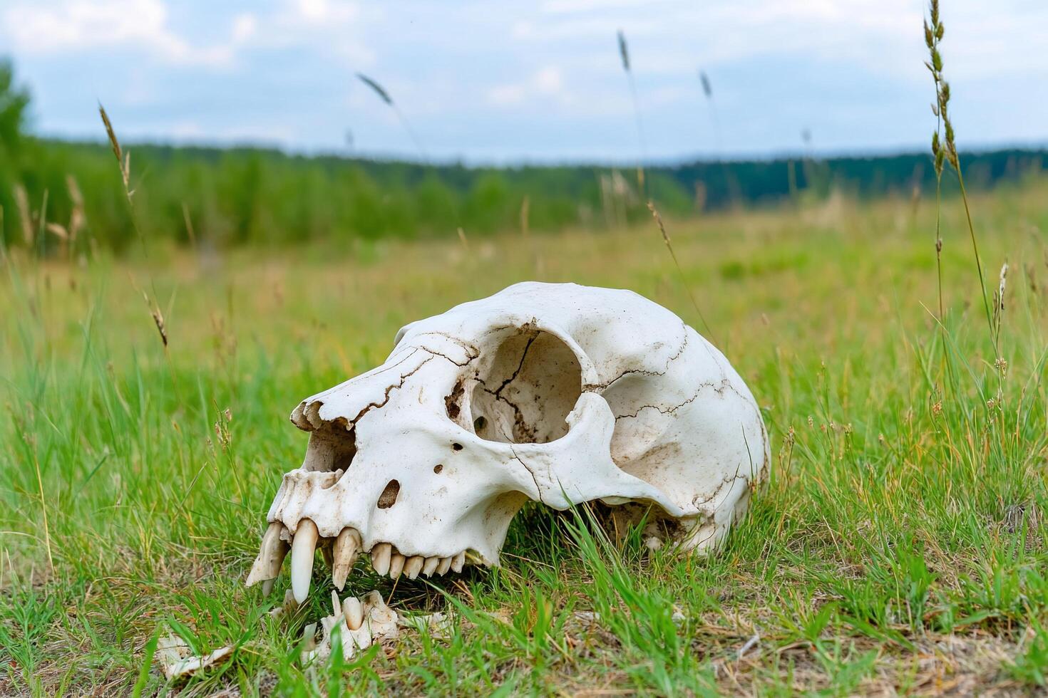 A weathered animal skull resting on green grass in a natural setting. photo
