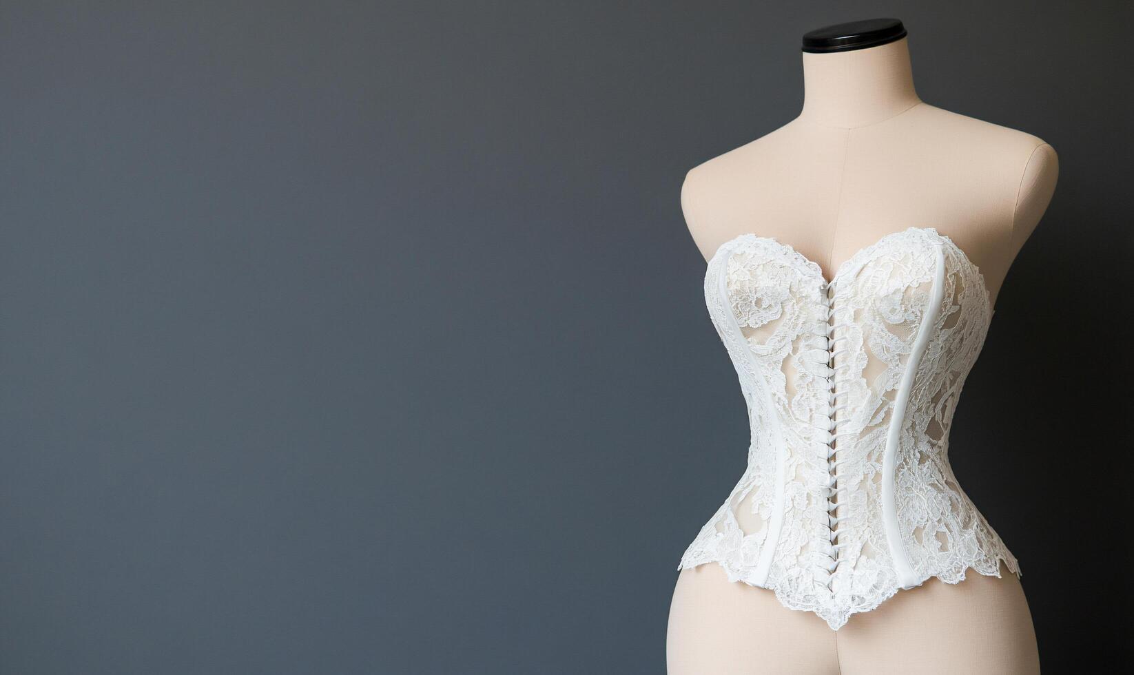 Elegant white corset displayed on a mannequin against a gray backdrop. photo