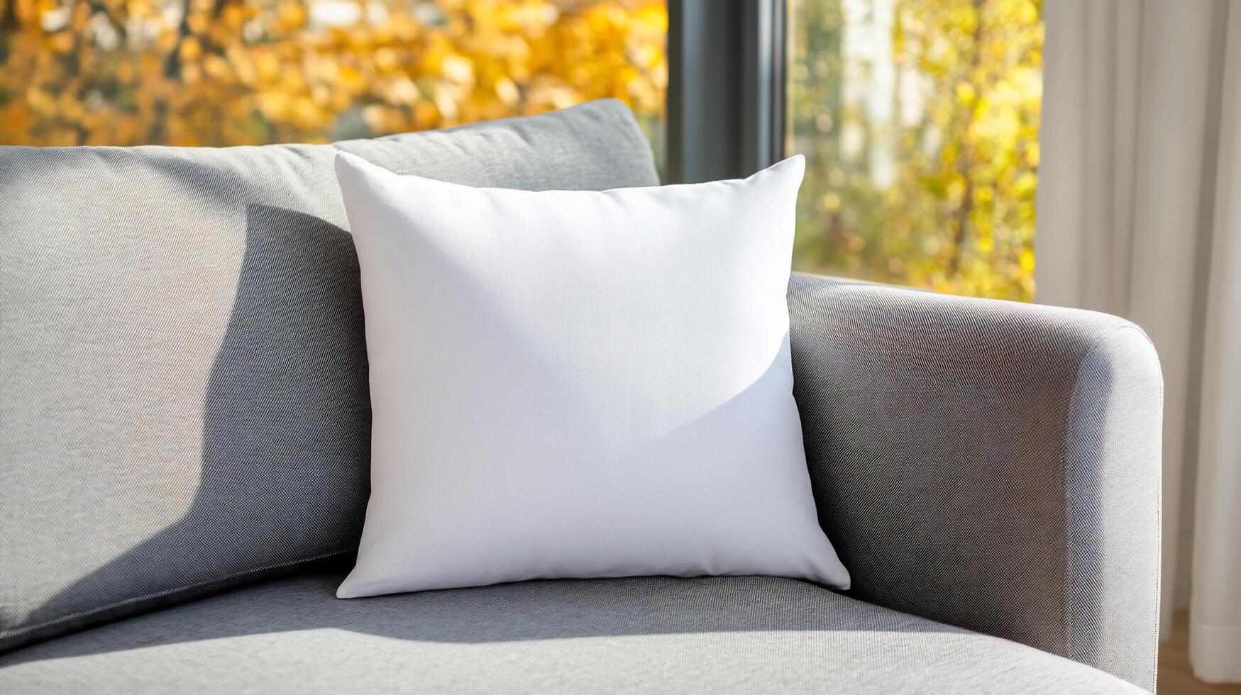 A simple white pillow on a light gray couch near a window. photo