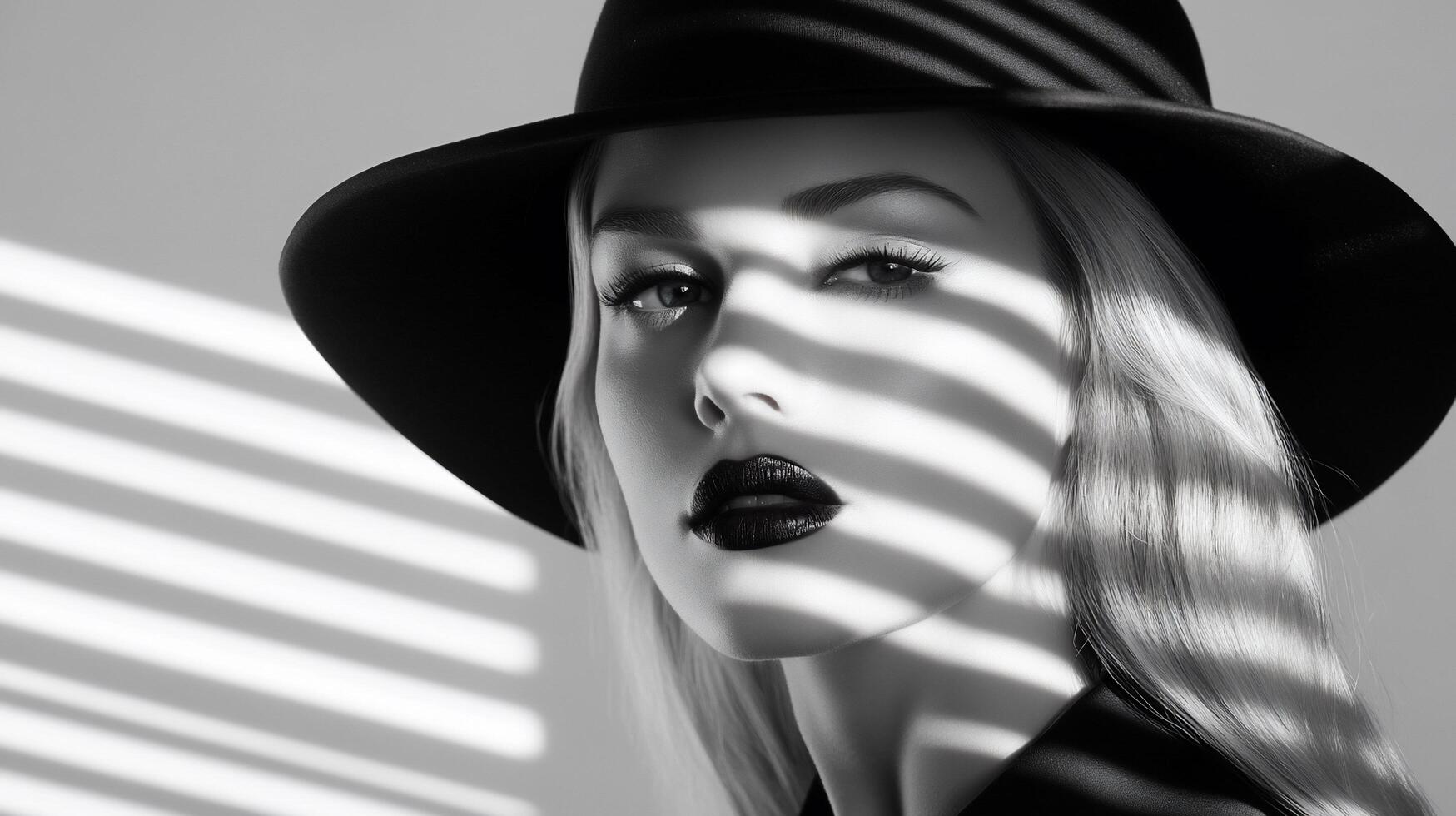 A monochrome portrait of a woman with dramatic lighting and shadows. photo