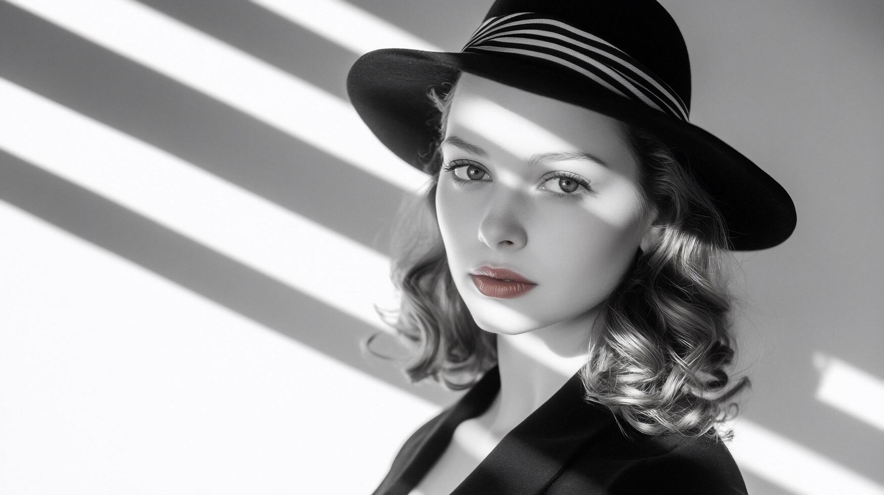 A monochrome portrait of a woman in a hat with dramatic lighting. photo