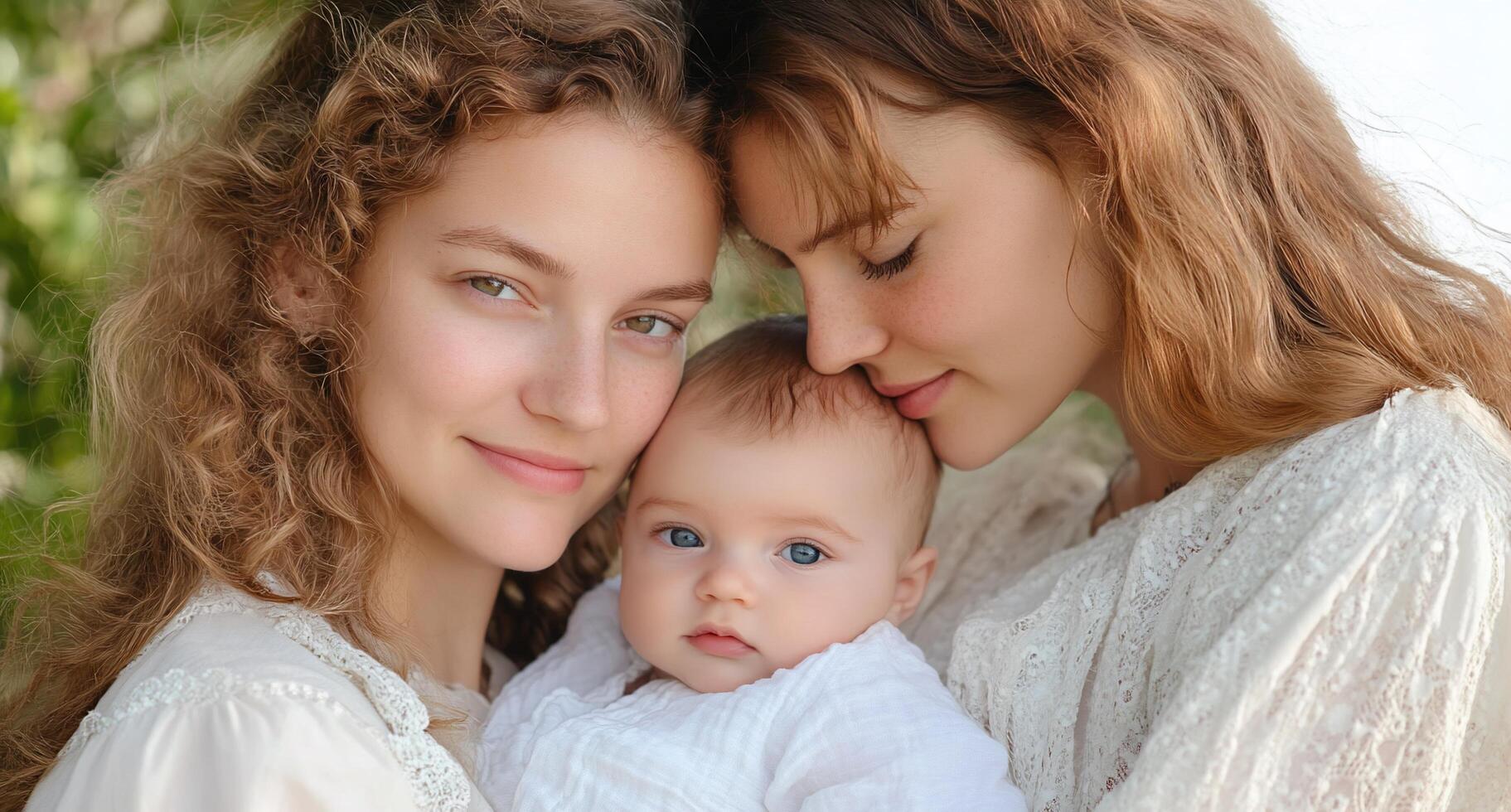 A tender moment between two women and a baby outdoors. photo
