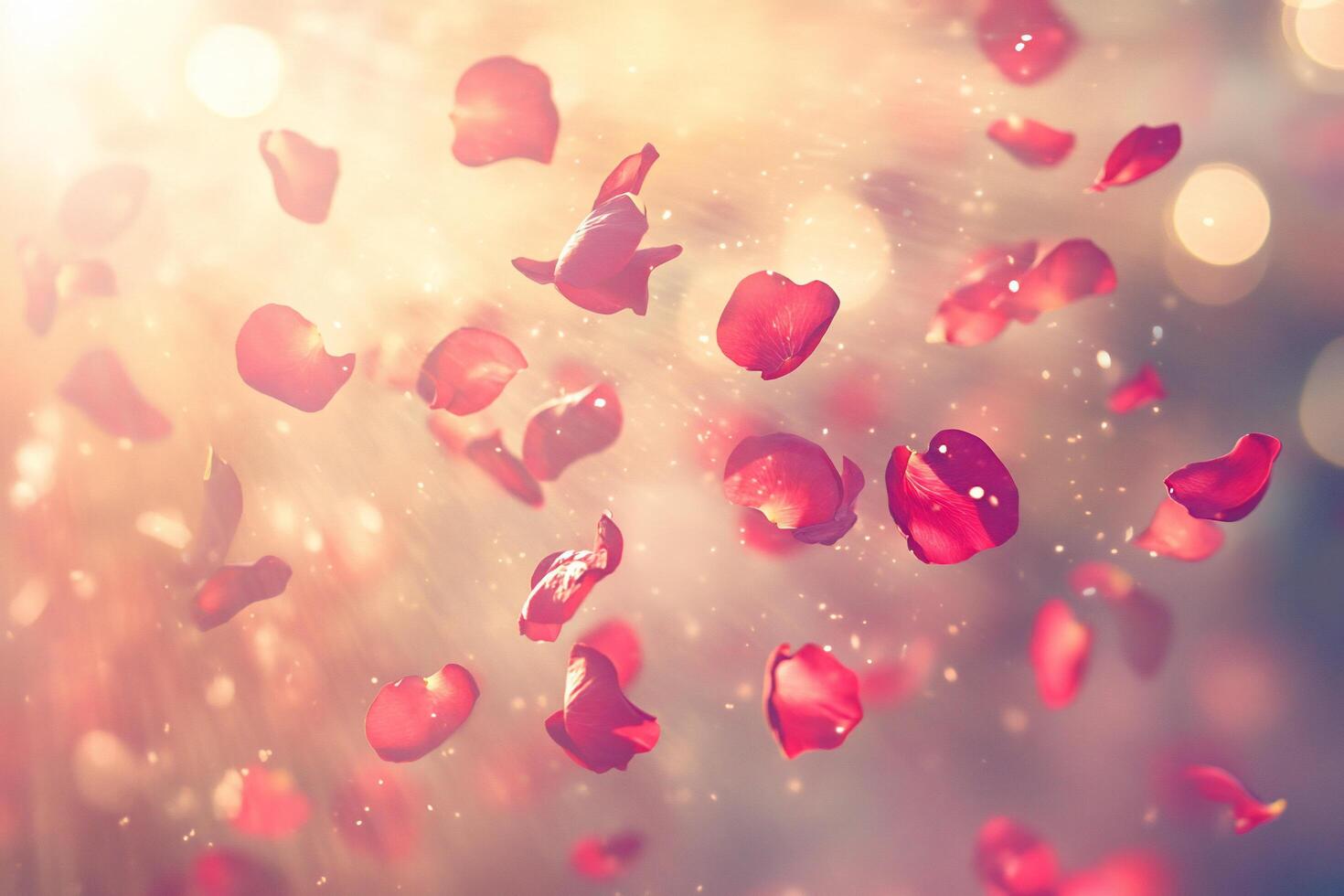 Floating rose petals illuminated by soft light create a romantic ambiance. photo