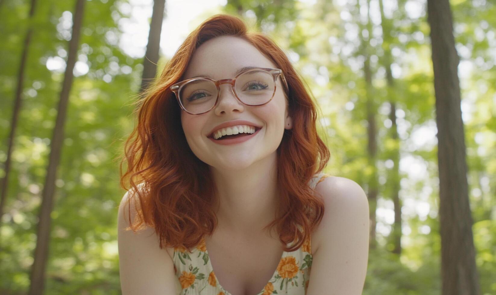 A smiling woman with red hair in a floral dress, enjoying nature. photo