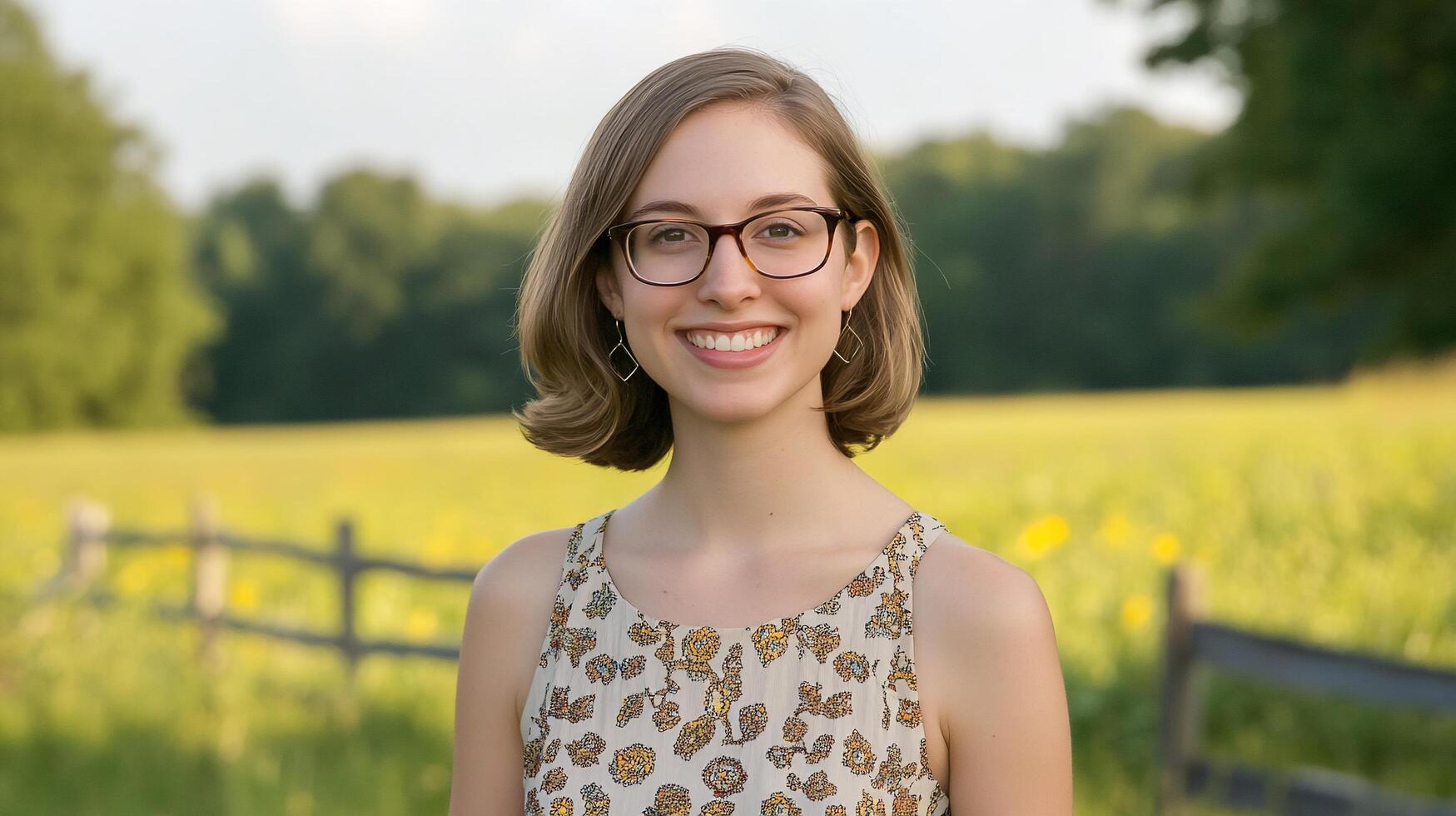 A smiling young woman stands in a sunny field, wearing glasses and a floral dress. photo