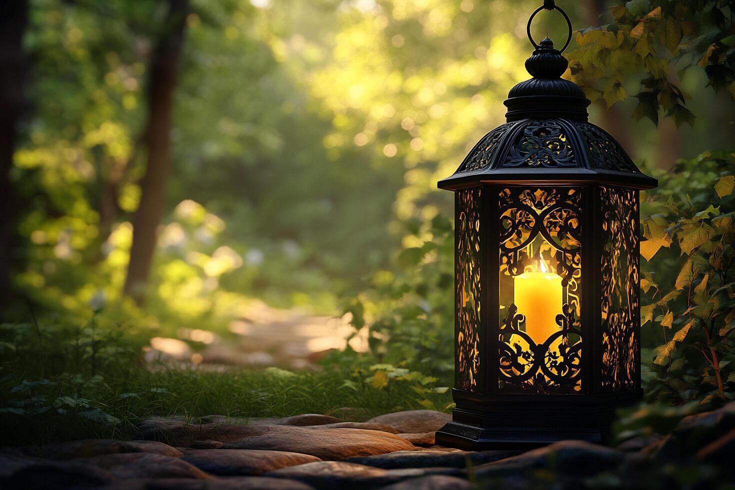 A decorative lantern illuminates a serene forest path. photo