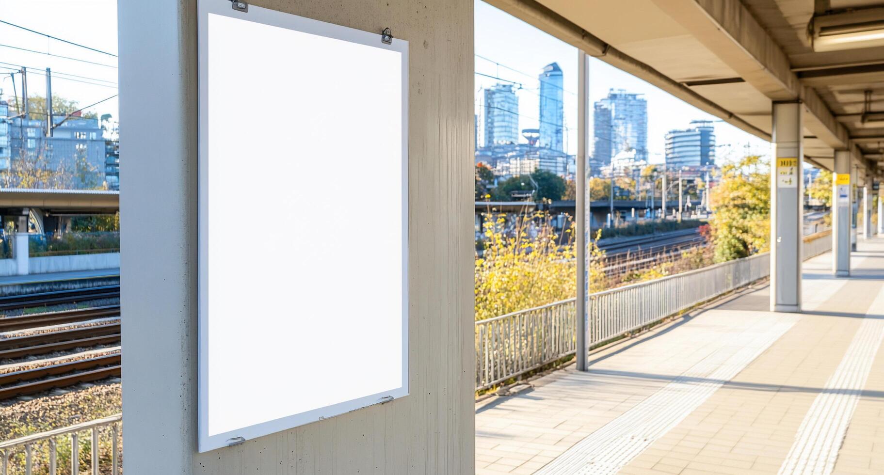 A blank advertisement board at a train station with city skyline background. photo