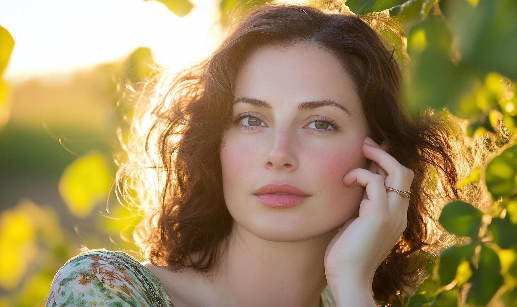 A woman with curly hair poses thoughtfully amidst green foliage. photo