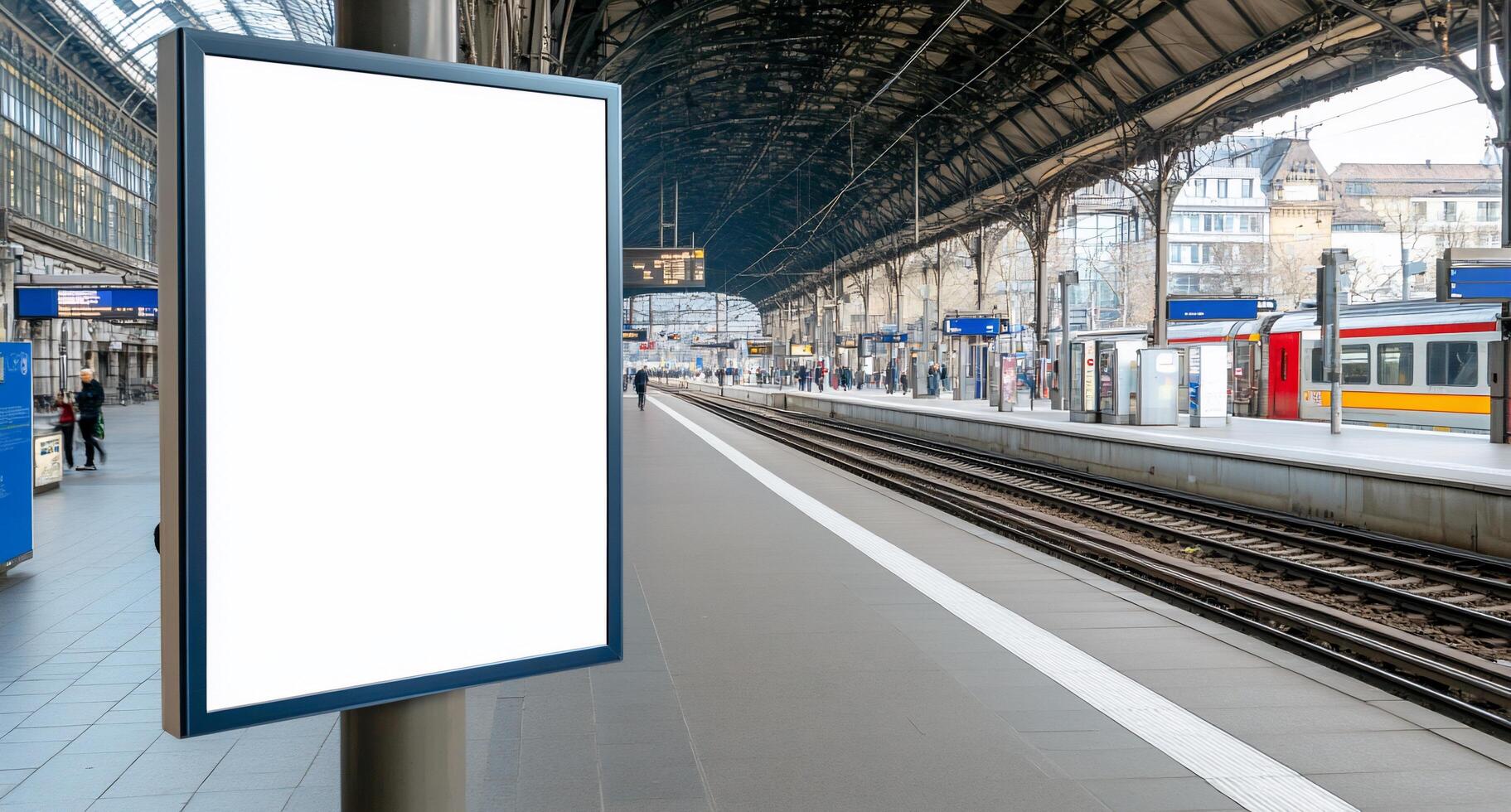 Blank advertising board at a train station with empty platform. photo