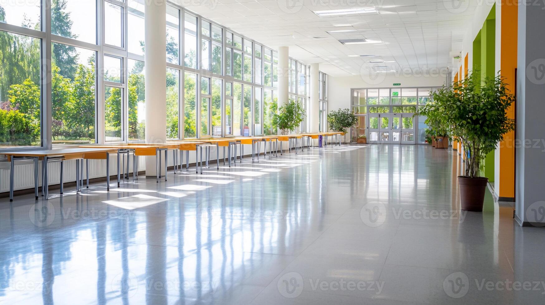 Bright, spacious corridor with large windows and greenery. photo