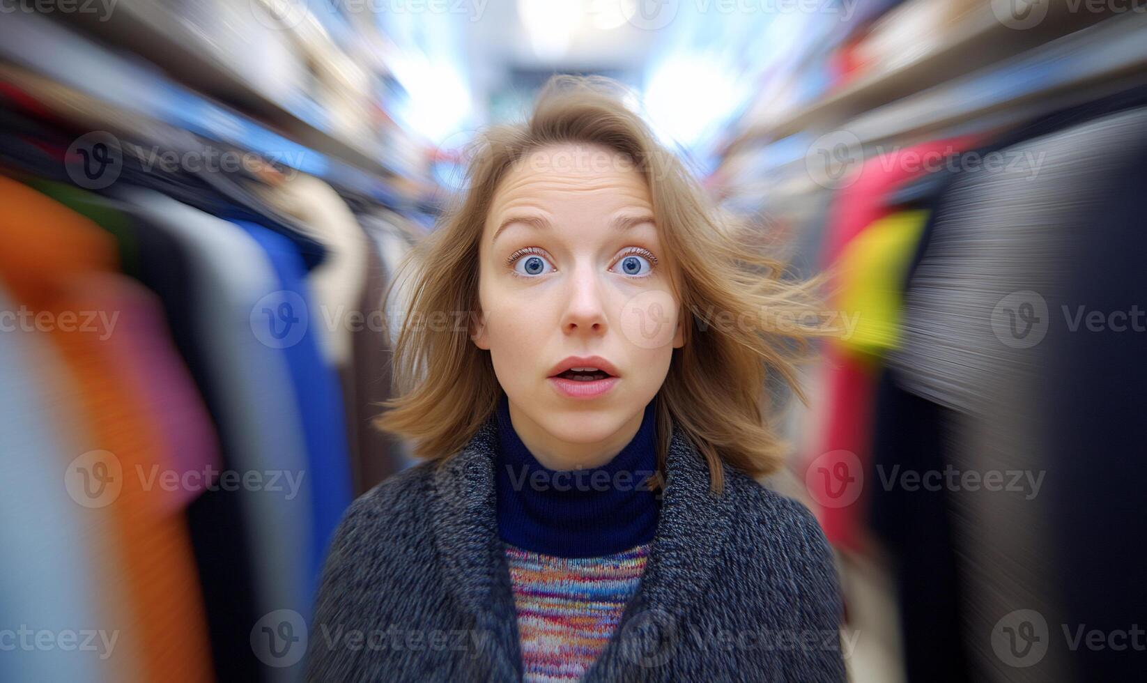 A surprised woman stands in a clothing store aisle, surrounded by garments. photo