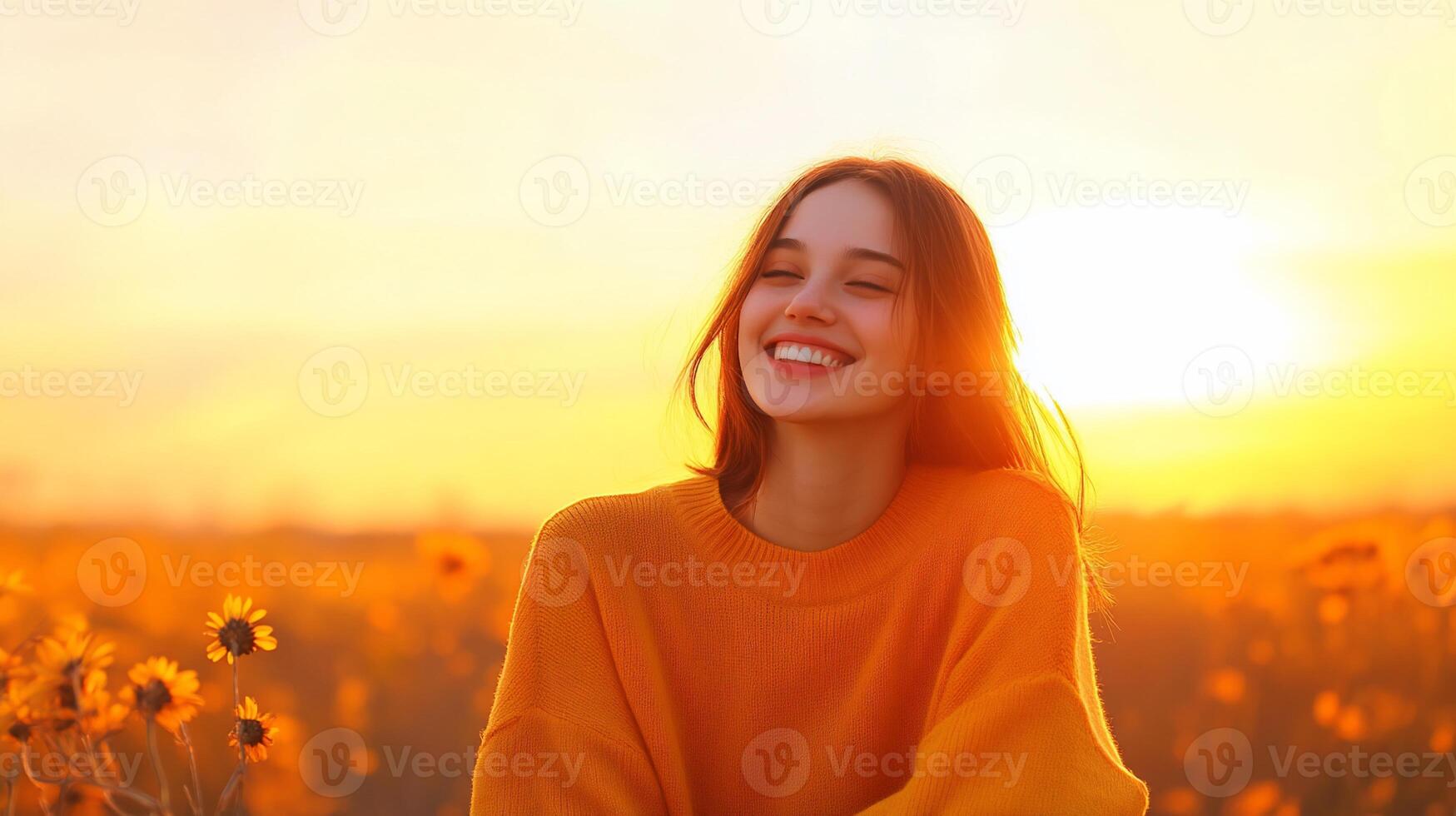 A smiling woman in an orange sweater amidst a sunlit flower field. photo