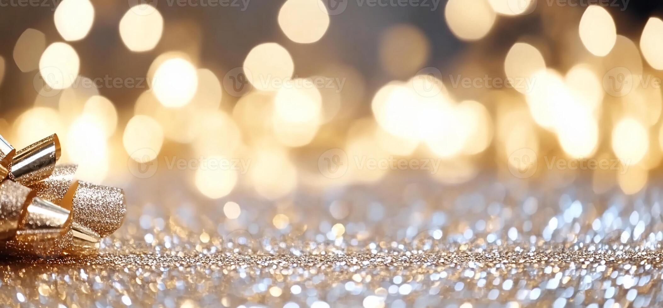 A shimmering background with golden lights and a decorative ribbon. photo
