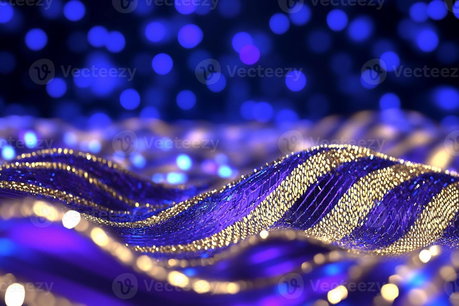 Abstract waves of purple and gold illuminated by soft bokeh lights. photo