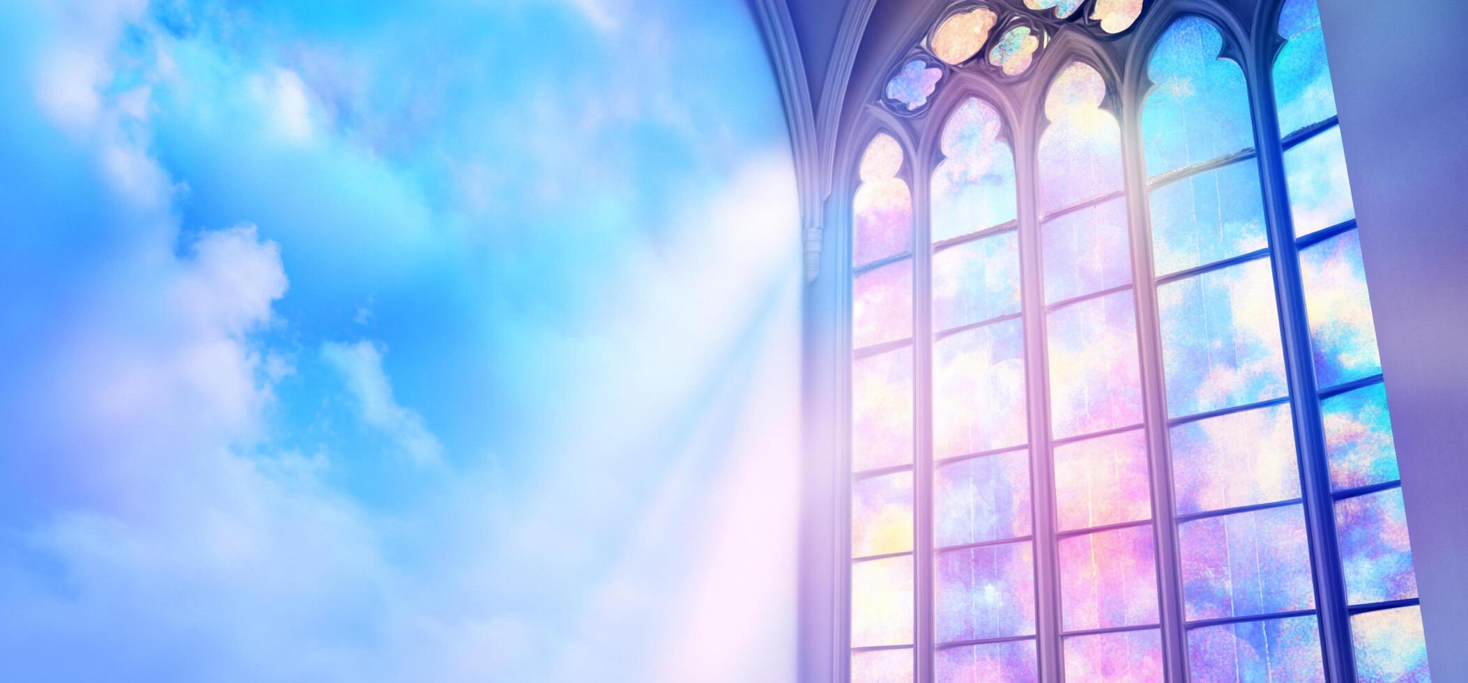 A serene stained glass window illuminating a tranquil sky. photo