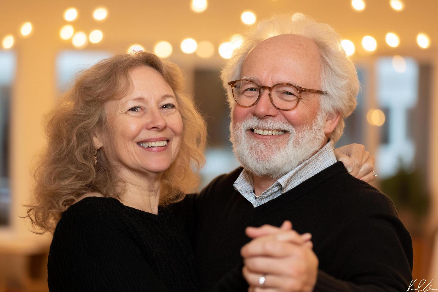 A joyful couple dancing together in a warmly lit setting. photo