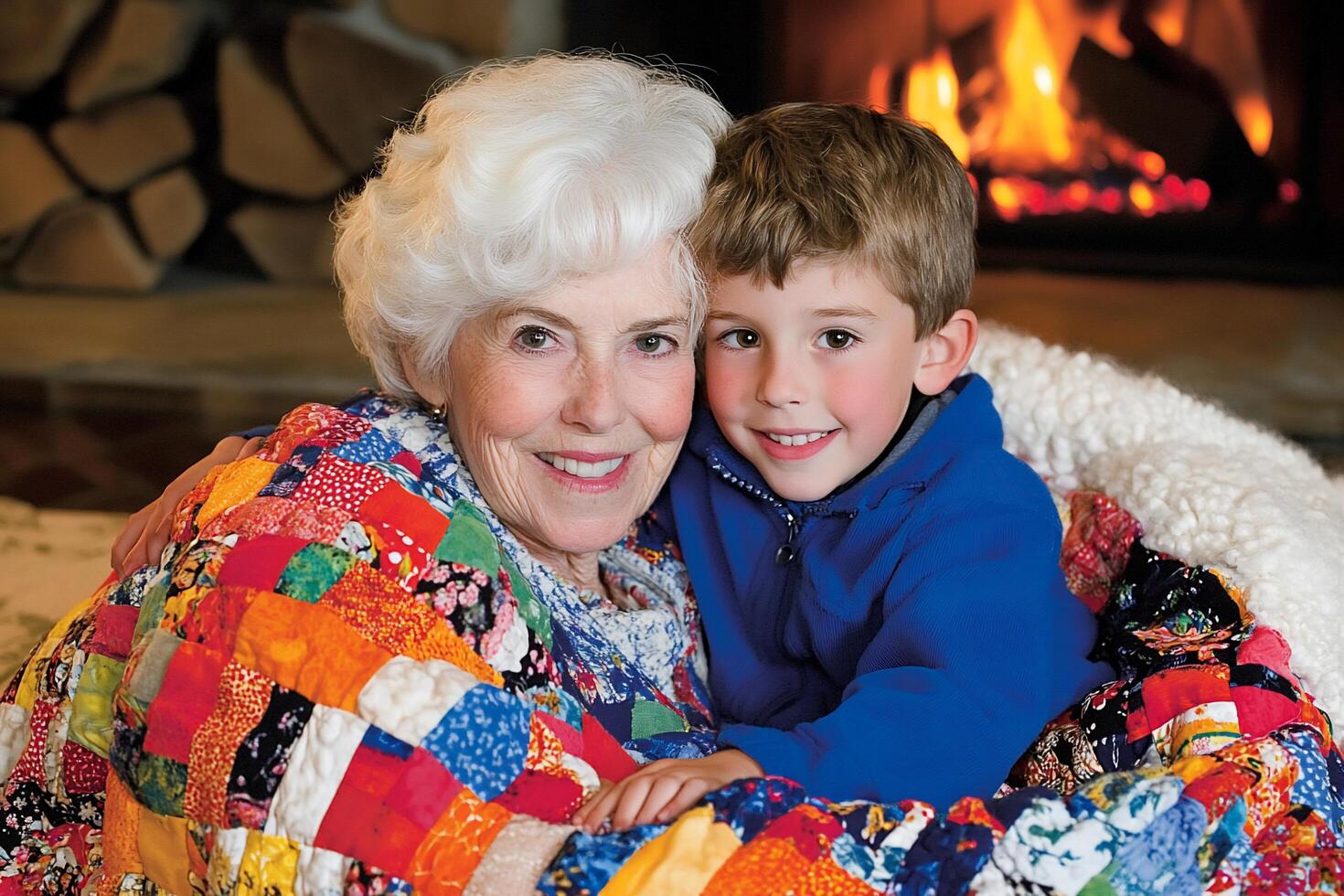 A joyful elderly woman and a young boy cuddled under a colorful quilt. photo