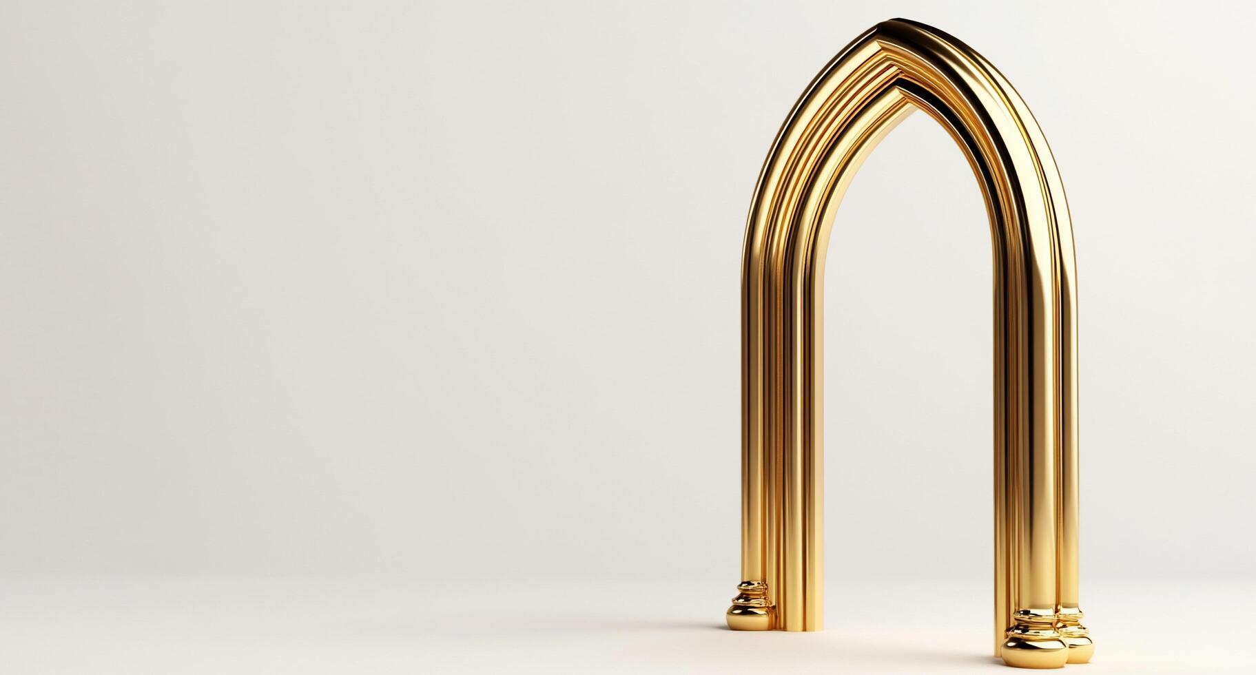 A shiny golden arch structure against a neutral background. photo