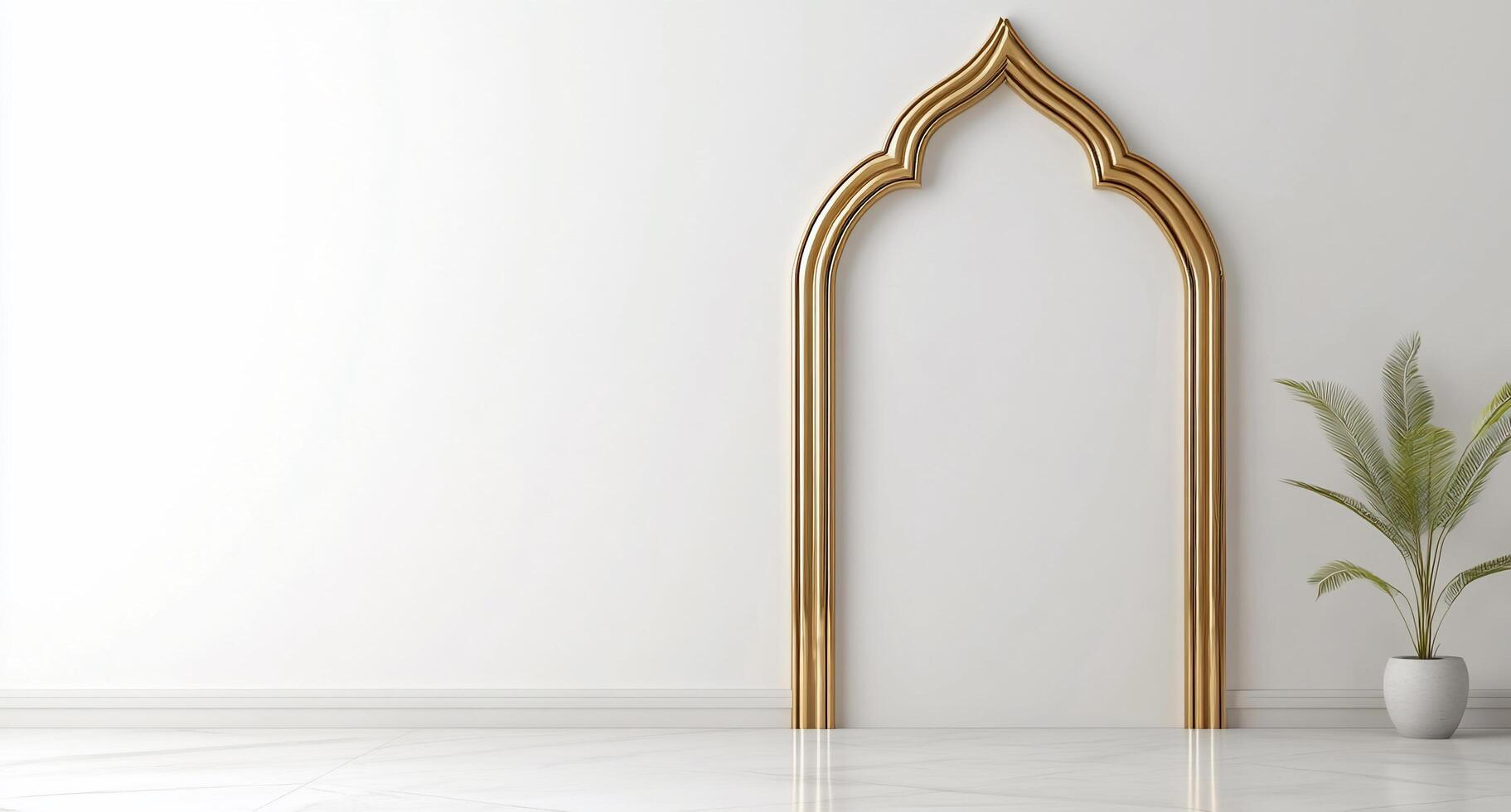 Elegant golden archway against a minimalist white wall with a plant. photo