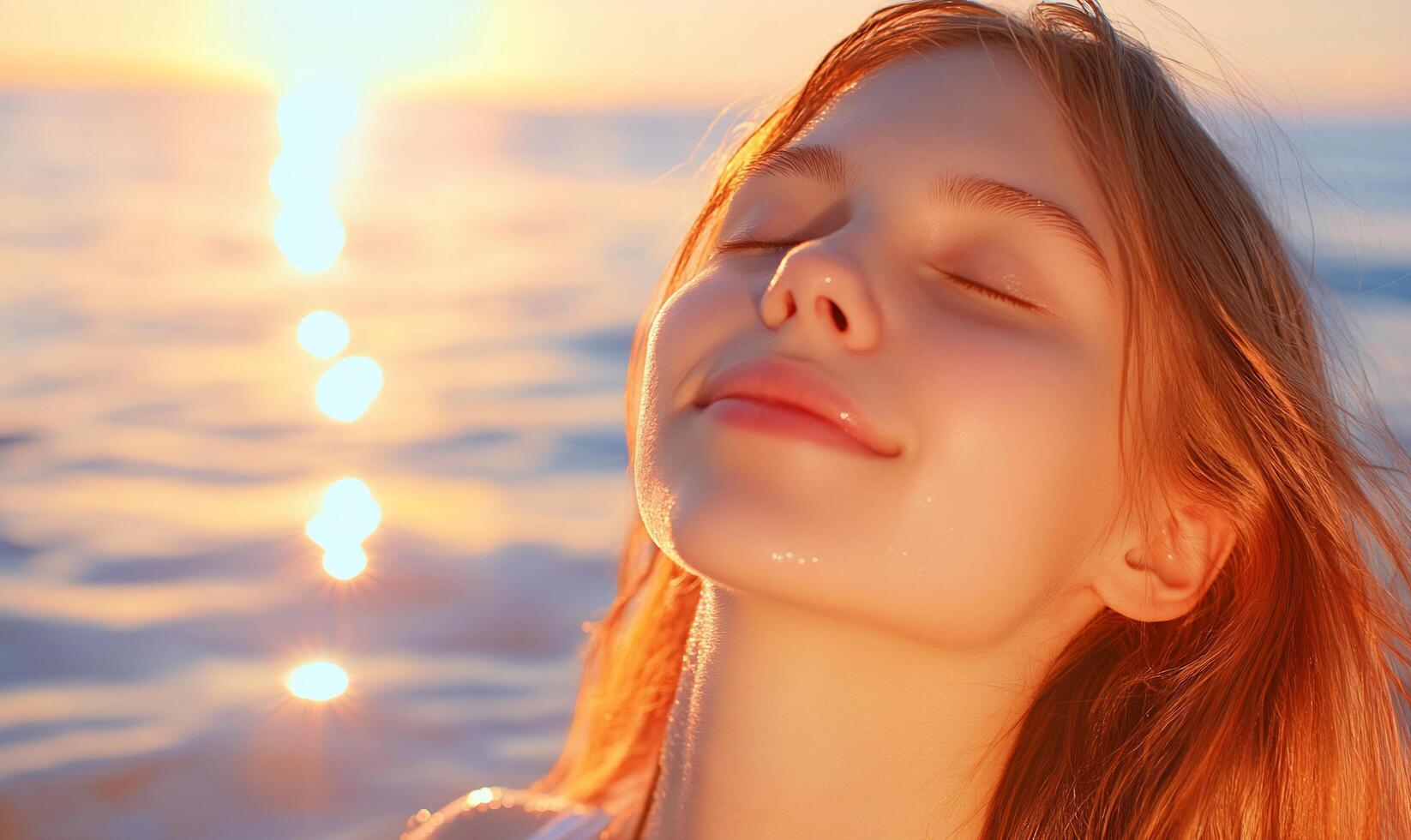 A serene young woman enjoying the sunset by the ocean. photo
