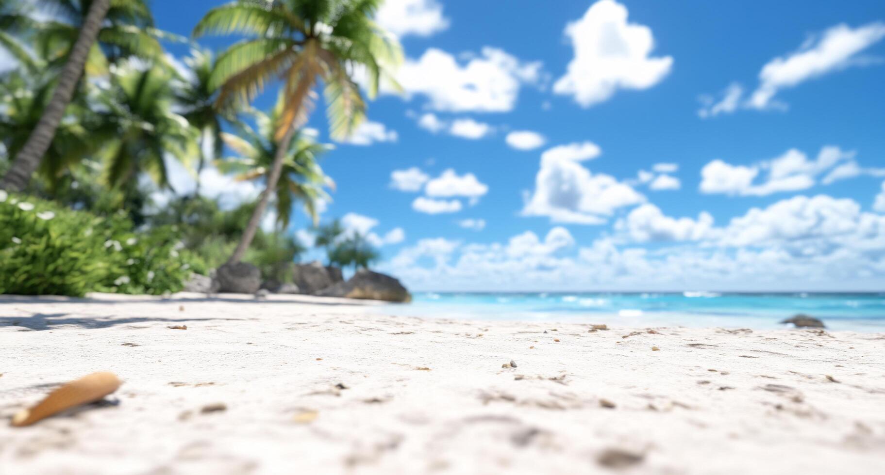 A serene beach scene with palm trees and a clear blue sky. photo