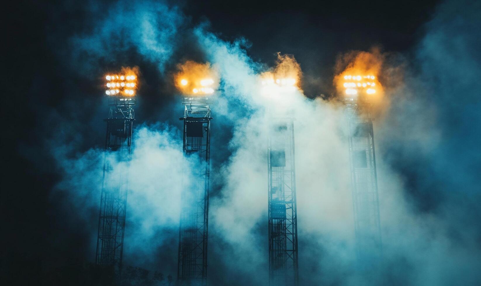 Stadium lights shine through fog, creating a dramatic nighttime atmosphere. photo