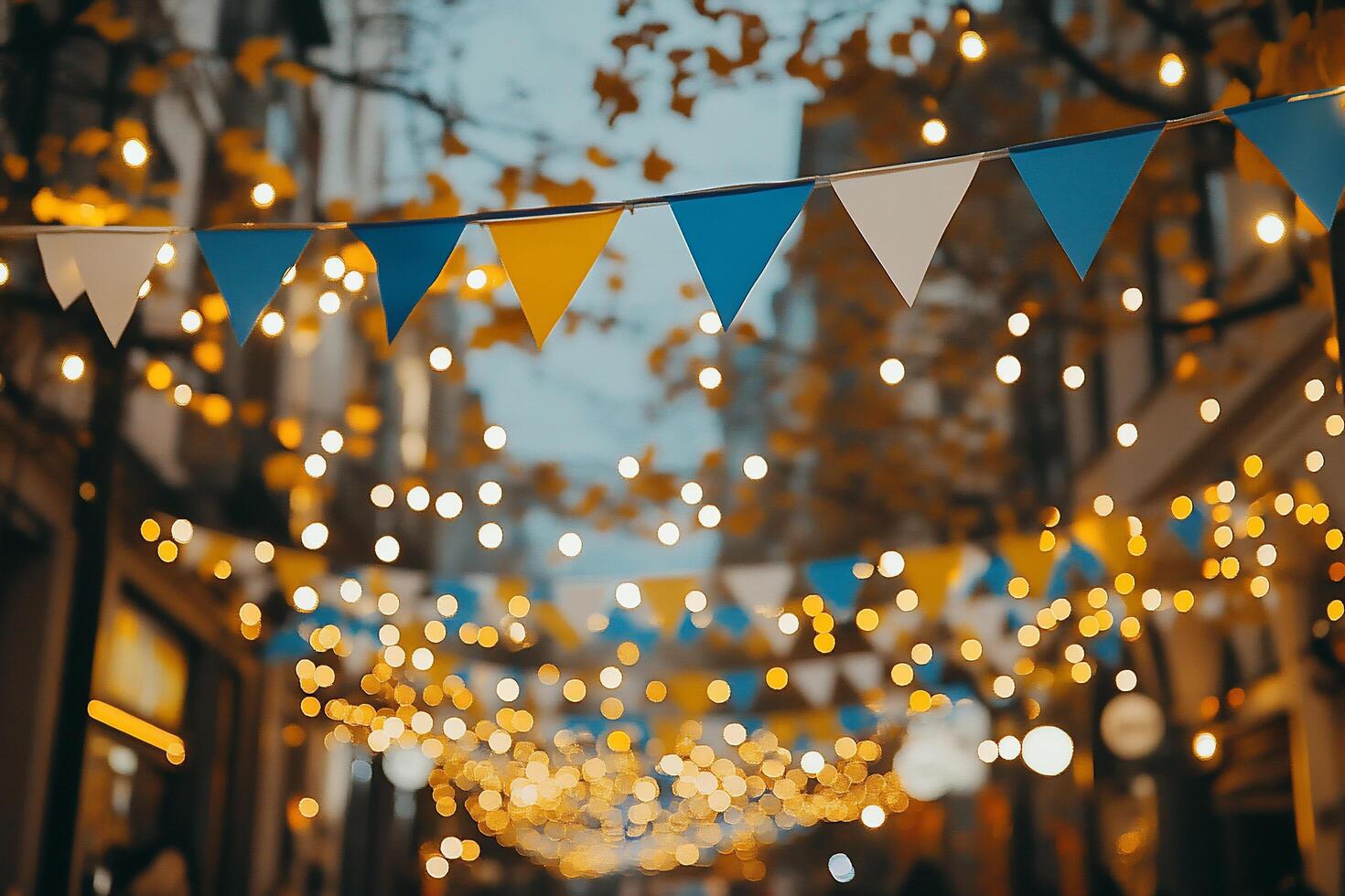 Festive street scene adorned with colorful bunting and warm lights. photo