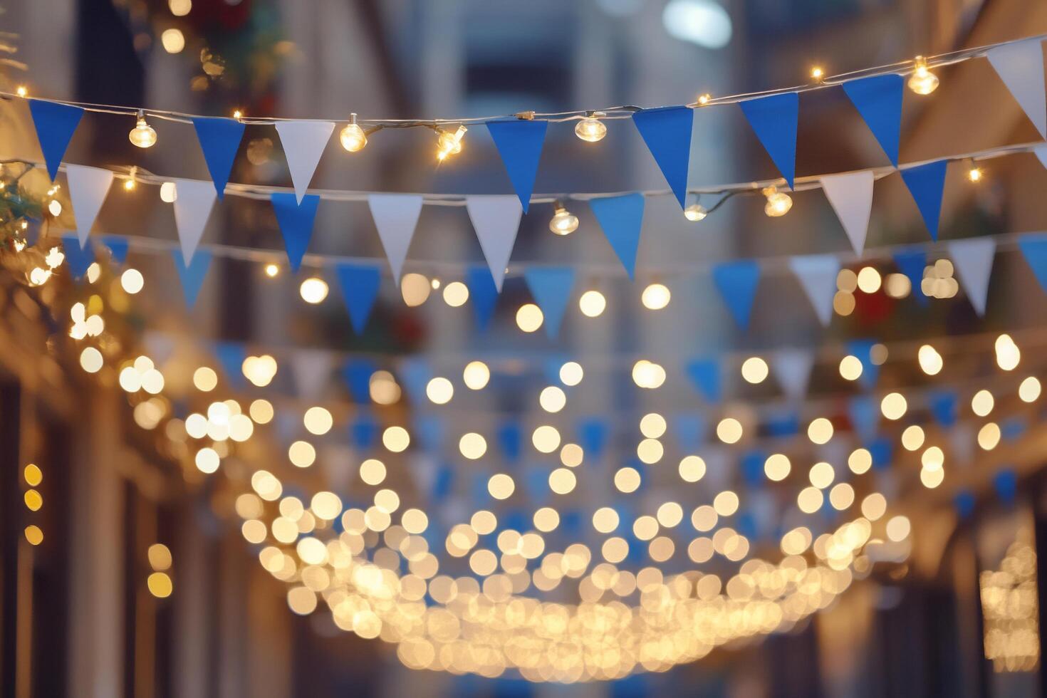 A festive scene with decorative lights and bunting creating a vibrant atmosphere. photo