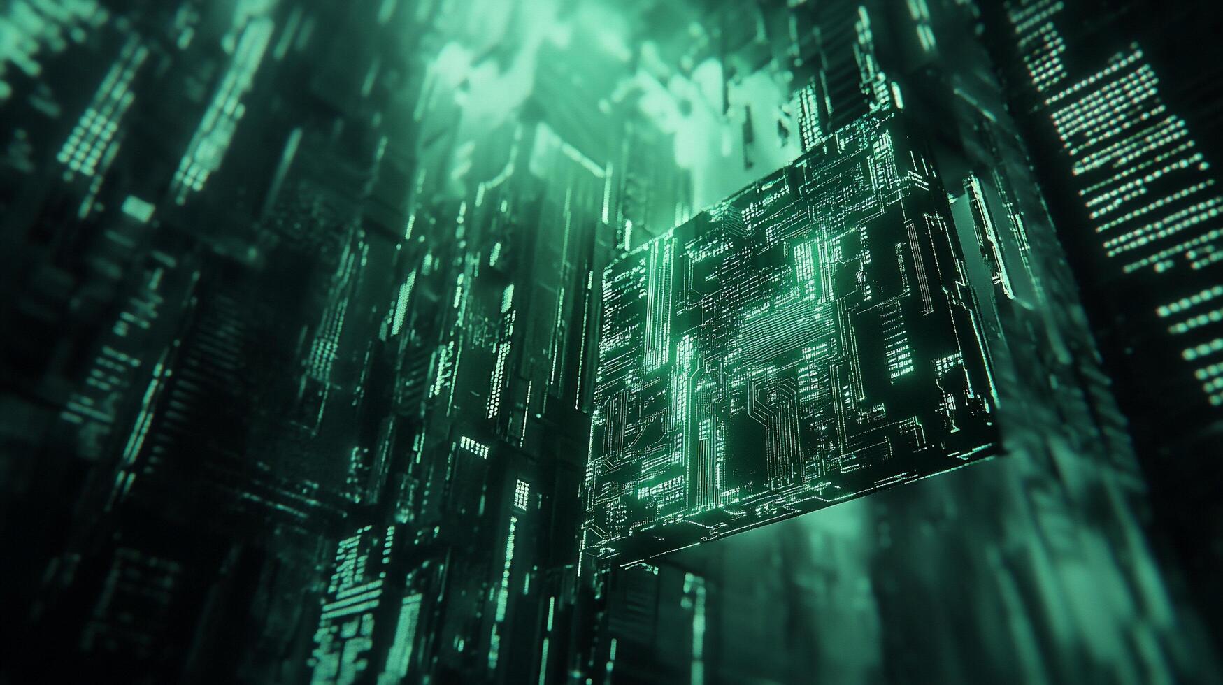 Abstract digital landscape with glowing circuitry and futuristic elements. photo