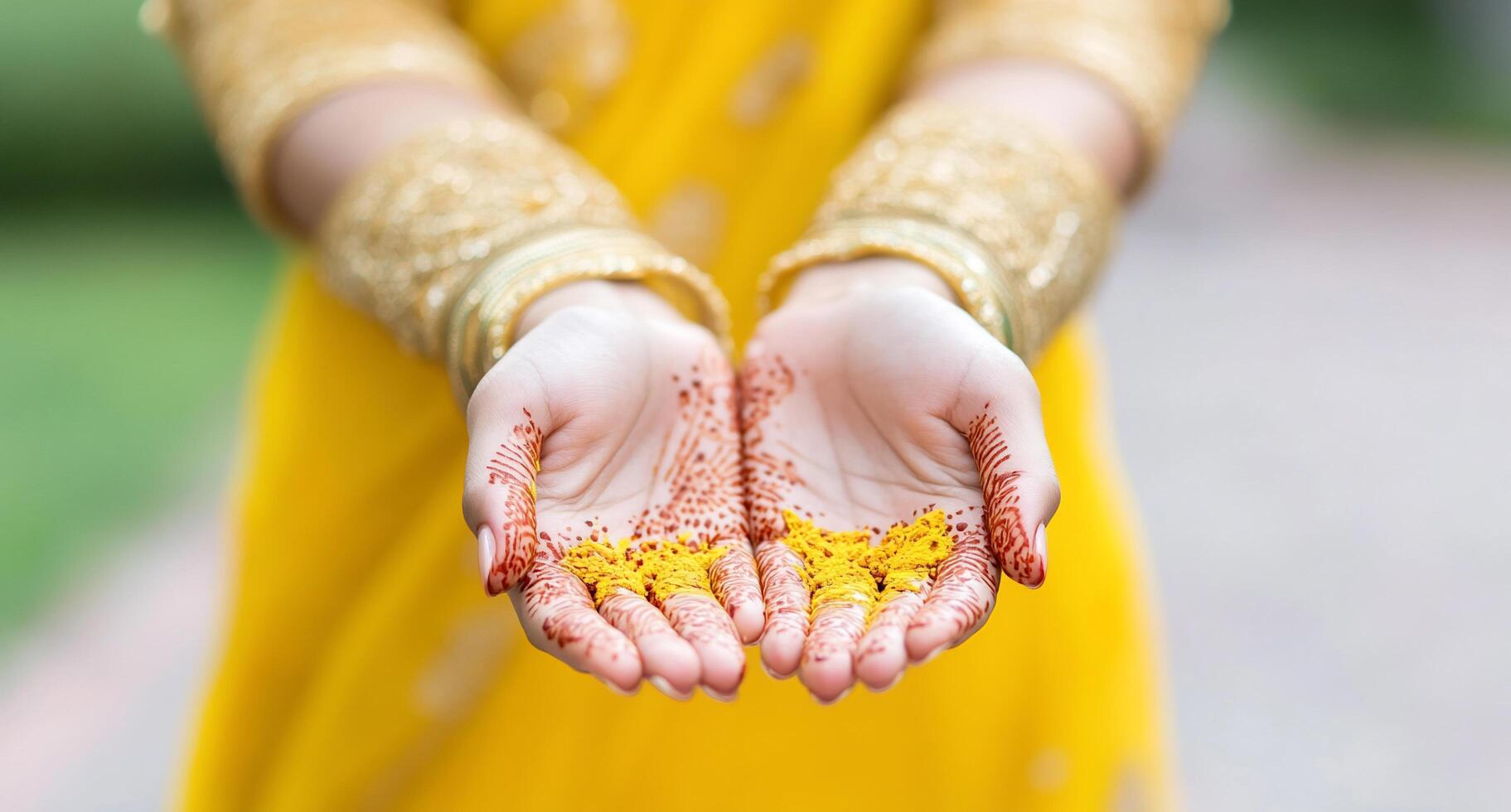 A woman in a yellow outfit holds colorful powders in her hands. photo