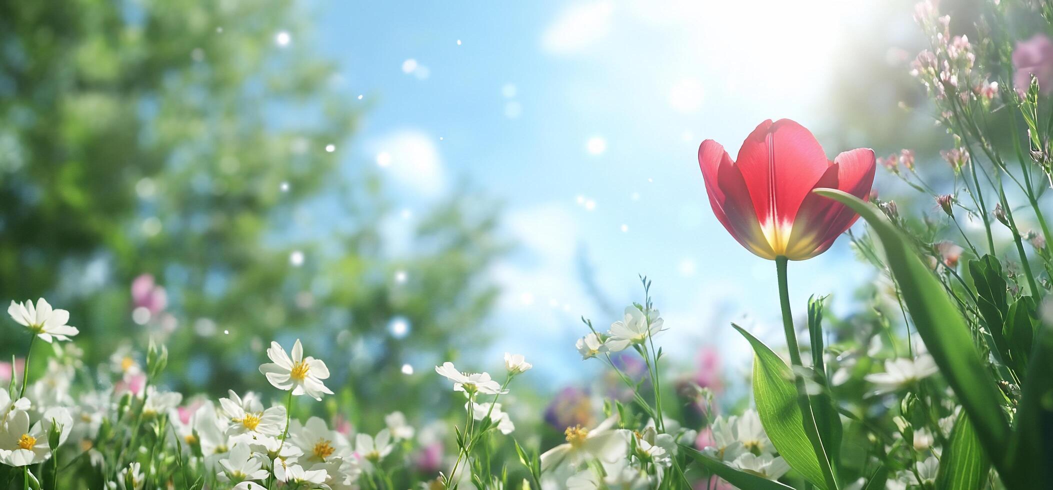 A vibrant garden scene featuring blooming flowers under a bright sky. photo