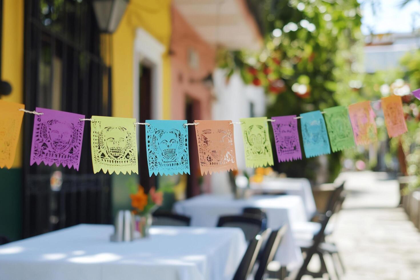 Colorful papel picado decorations adorn a vibrant outdoor dining space. photo