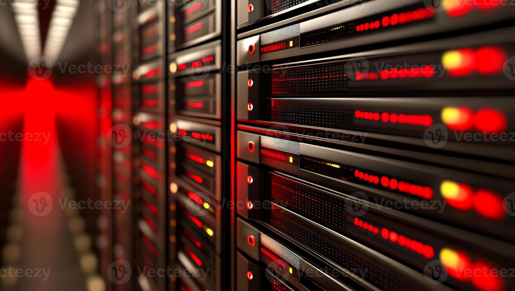 A close-up view of server racks with red lighting in a data center. photo
