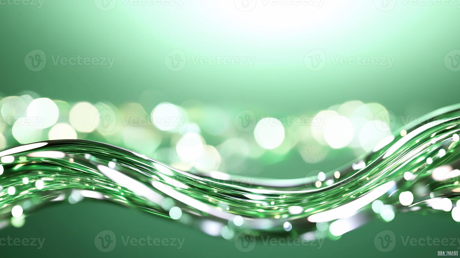 A vibrant abstract wave with shimmering green tones and light bokeh effects. photo