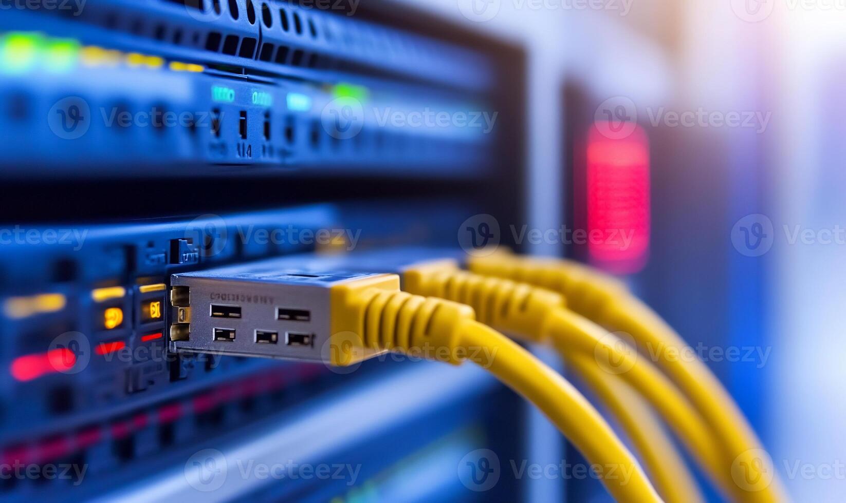 Close-up of network cables connected to a server rack. photo