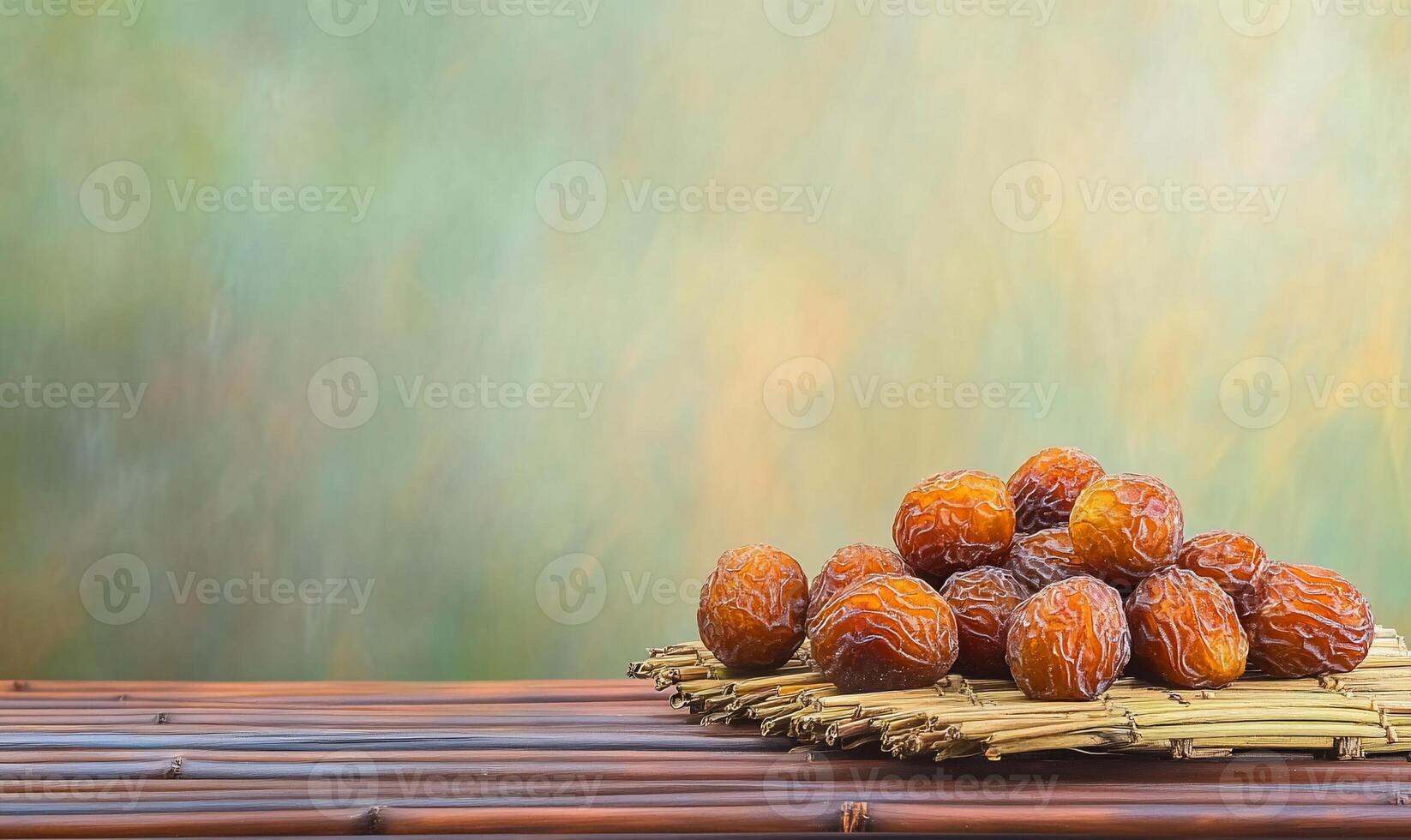 A pile of dried fruits arranged on a woven mat against a soft background. photo