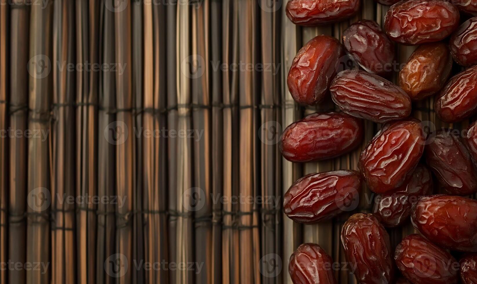 A close-up of dates on a bamboo mat, highlighting their rich texture. photo