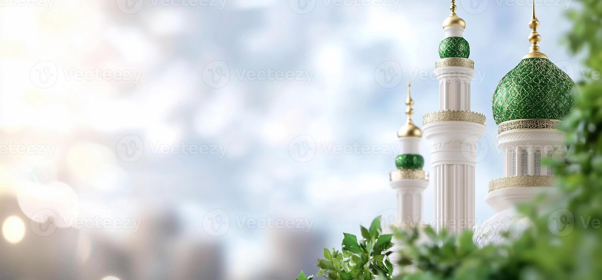 A beautiful mosque with green domes set against a cloudy sky. photo