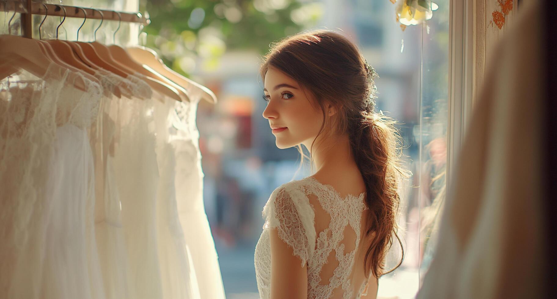 A bride in a lace gown gazes thoughtfully while surrounded by wedding dresses. photo