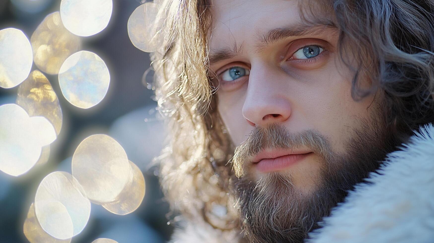 A close-up portrait of a man with curly hair and a thoughtful expression. photo