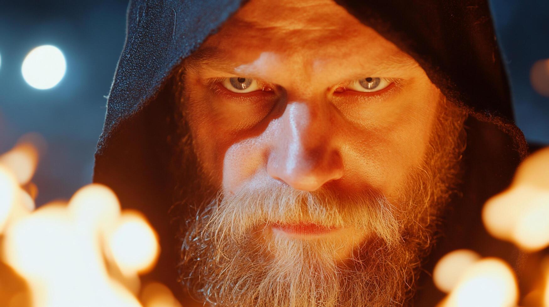 Intense portrait of a hooded figure surrounded by flames. photo